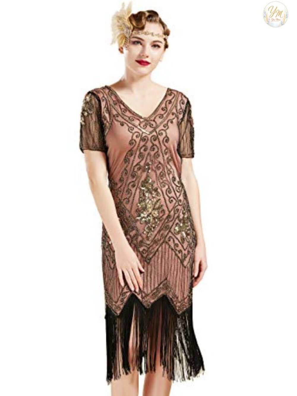 Art Deco Fringed Sequin Flapper Dress V-Neck Bodycon Midi Sleeveless